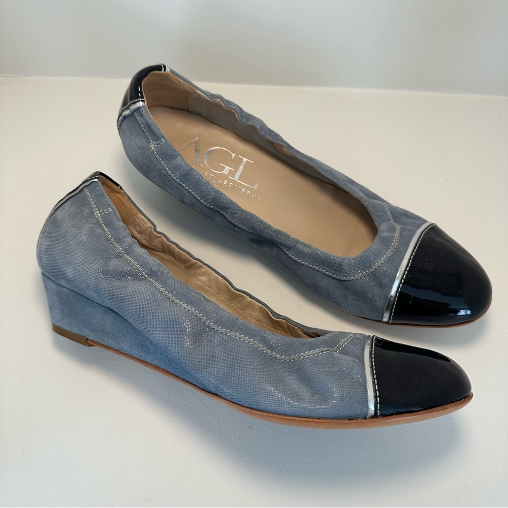 AGL Denim Blue and Patent Wedges Italian Made Size 40.5